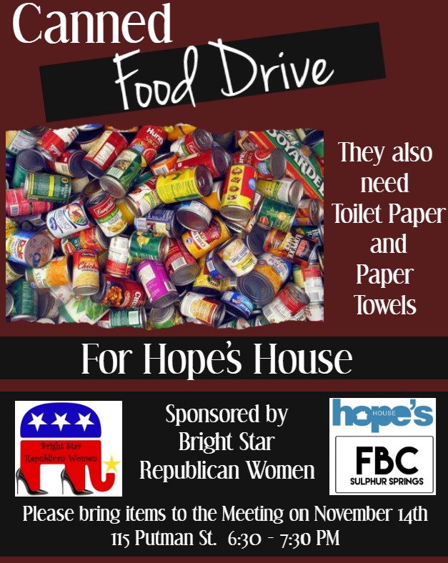Canned food drive flier for the November 2023 Brightstar Republican Woman's meeting
